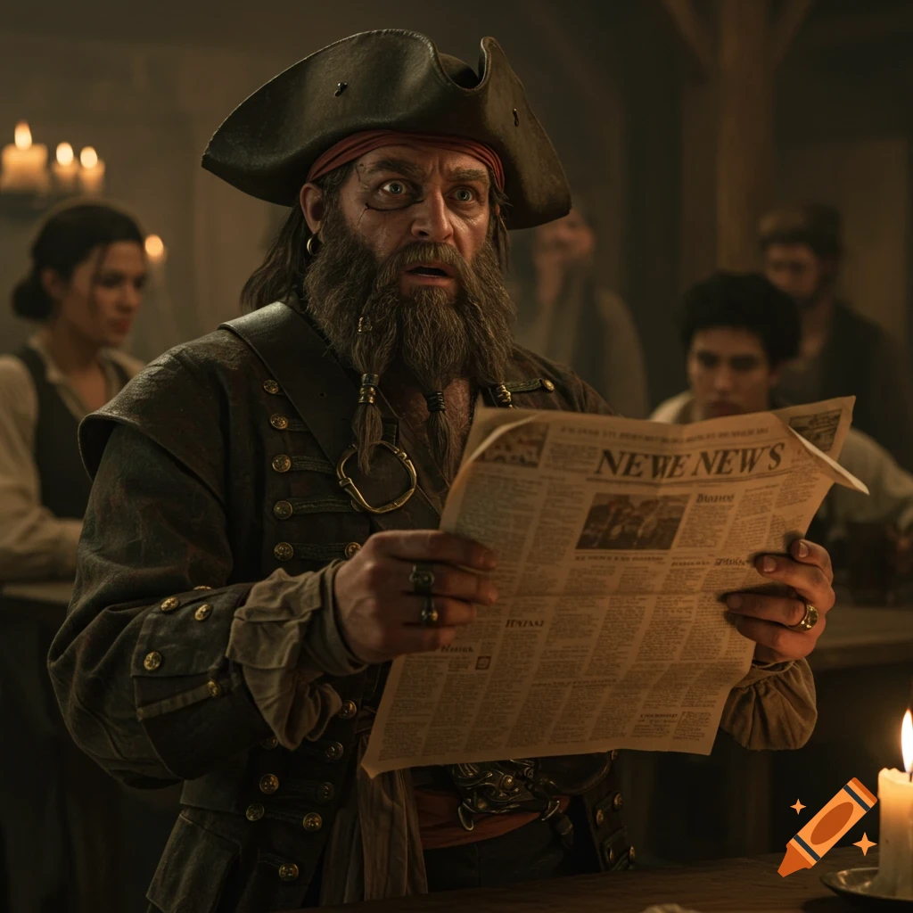 A pirate with a beard and tricorn hat reads a newspaper in a dimly lit room. Photorealistic style.