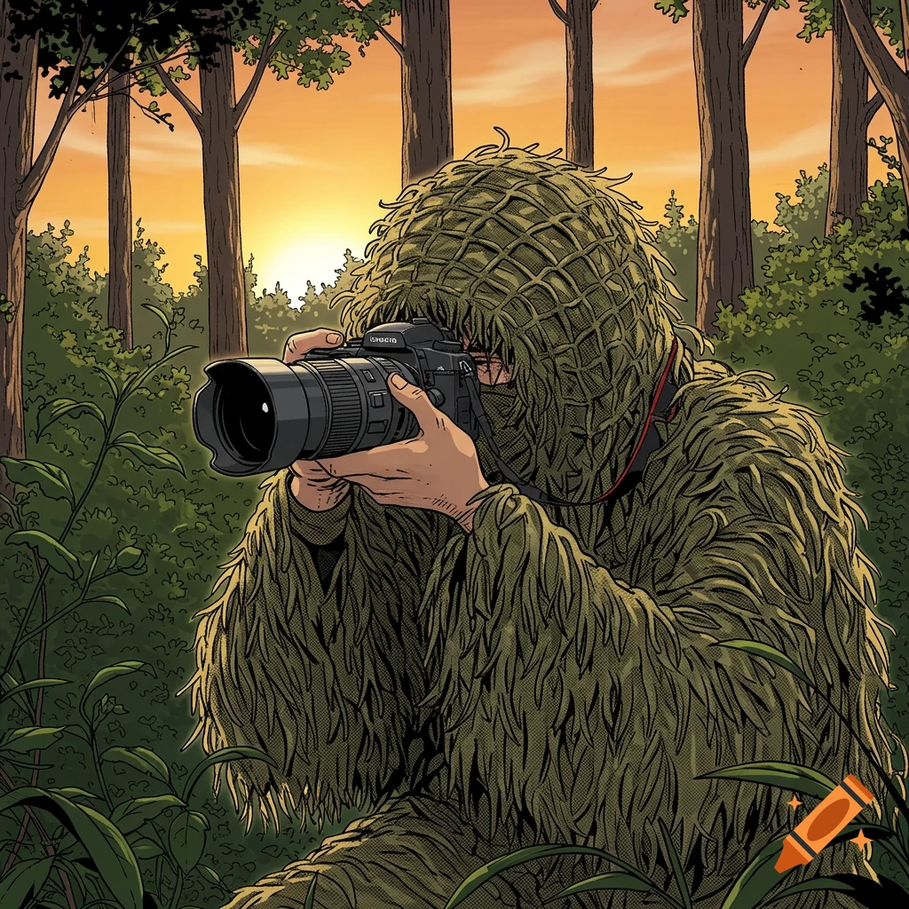 Manga-style illustration of a photographer in a ghillie suit kneeling in a forest at sunset.