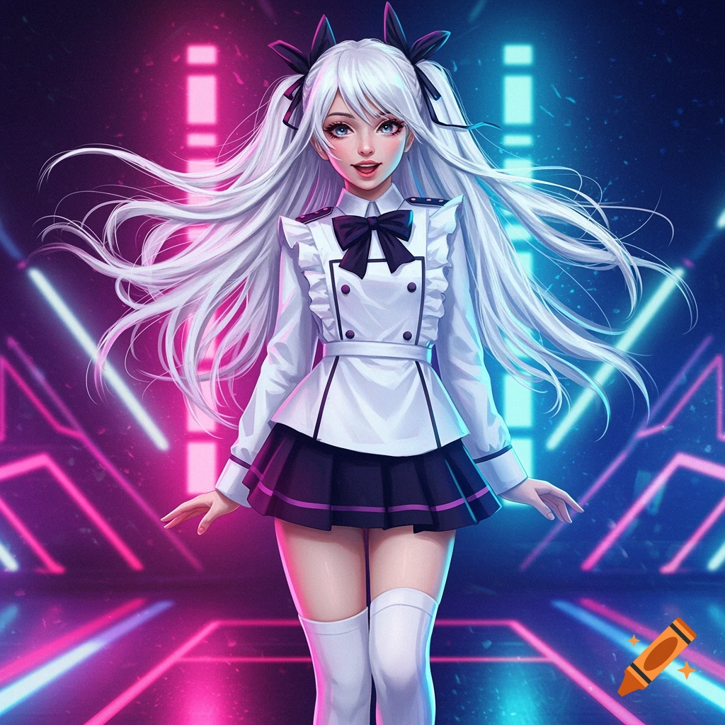 Anime girl with white hair in uniform stands against a neon hyperpop background.