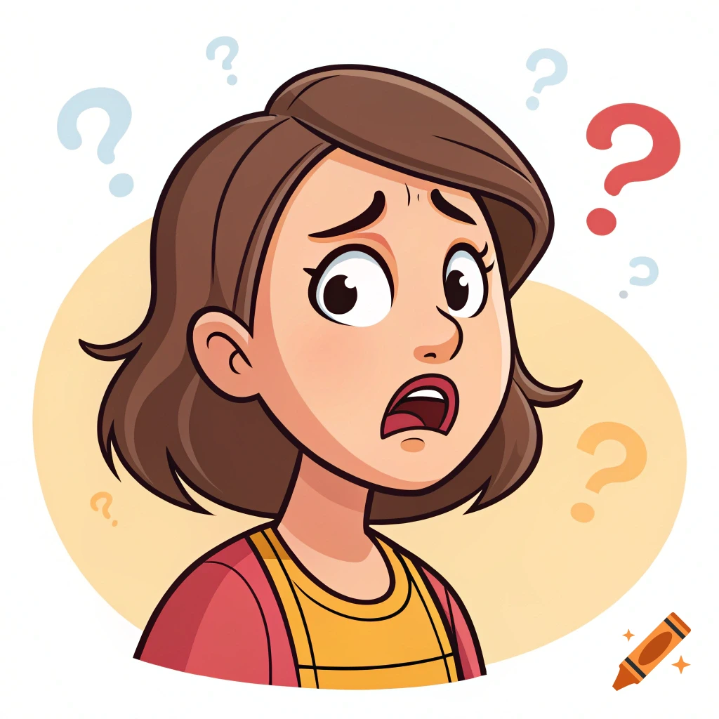 Cartoon illustration of a confused woman surrounded by question marks.