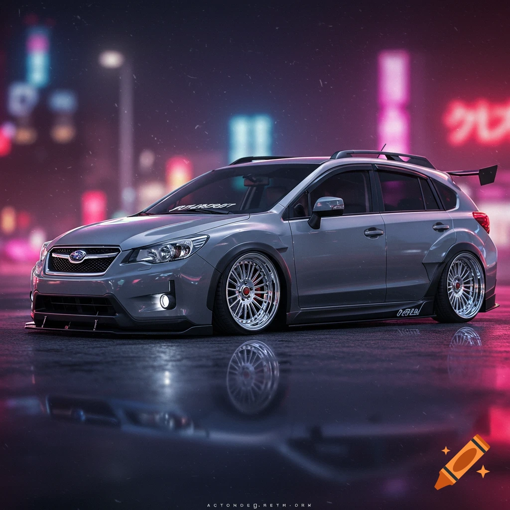 A lowered grey Subaru XV Crosstrek with custom wheels parked on a wet street at night.