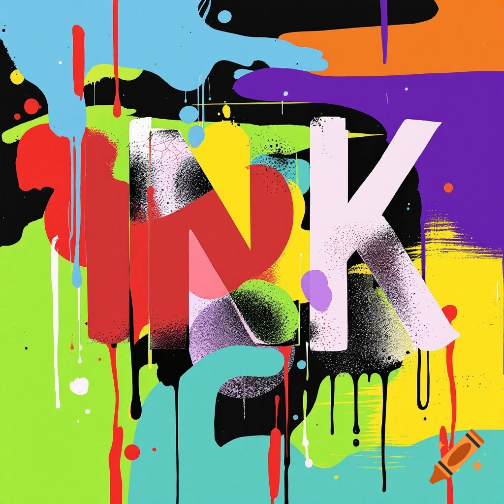 Abstract pop art with colorful paint drips and splatters featuring large letters INK.