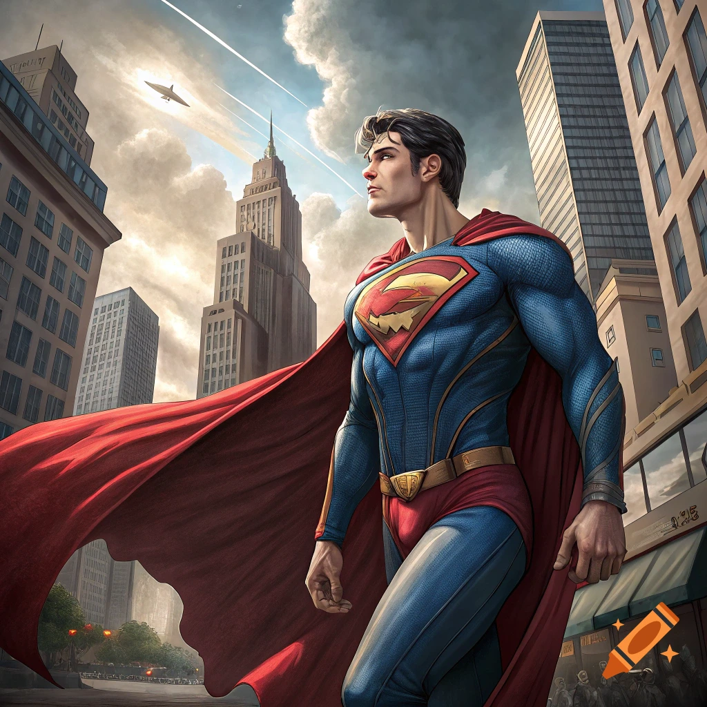 Superman walks down a city street with buildings and clouds.