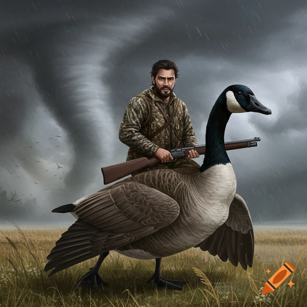 Painting of a man in hunting clothes riding on the back of a giant Canada goose with a tornado in the background.
