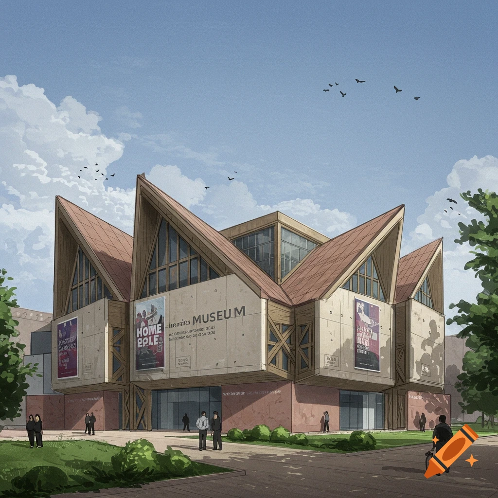Exterior view of a museum with slanted roofs and walls.