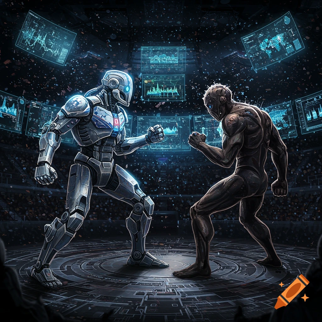 A robot fighting a muscular figure in a futuristic arena with data screens.