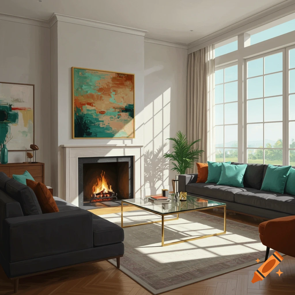 A sunlit modern living room with a fireplace and large windows.