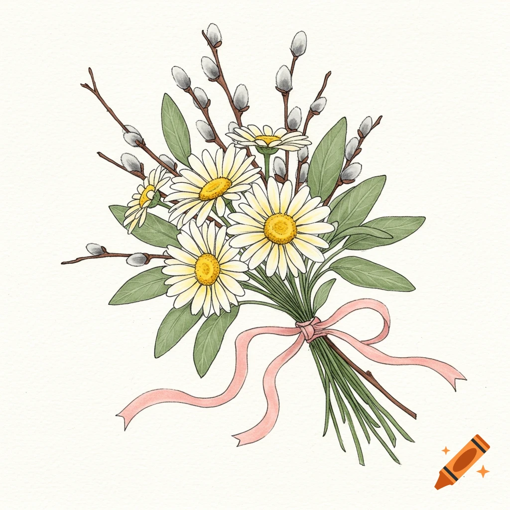 A watercolor sketch of a bouquet with white daisies, willow branches, and green leaves tied with a pink ribbon.