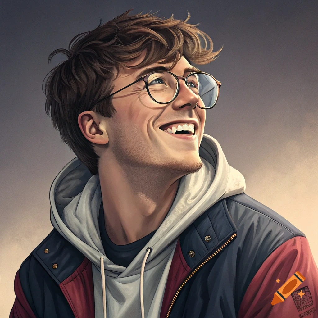 Detailed illustration of a young man with glasses, smiling and looking up.
