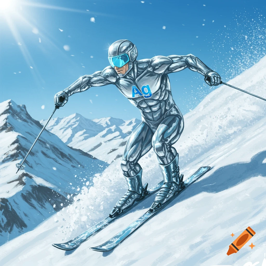 A silver superhero, with 'Ag' on his chest, is skiing down a snowy mountain.
