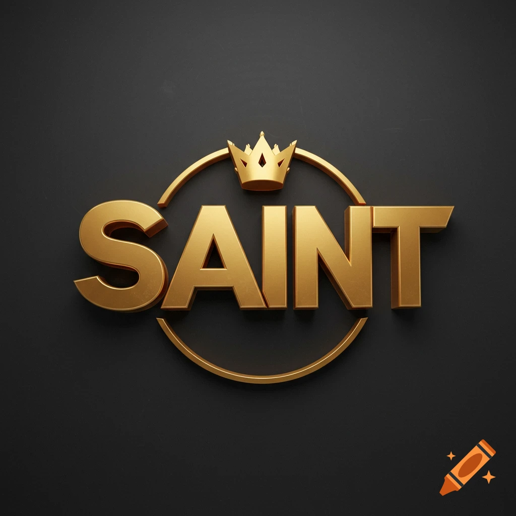 Golden 3D logo with the word SAINT and a crown inside a circular frame on a dark background.