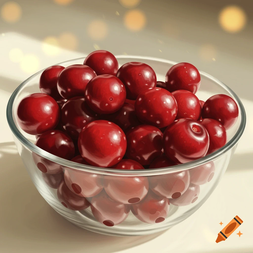A glass bowl filled with red cherries.
