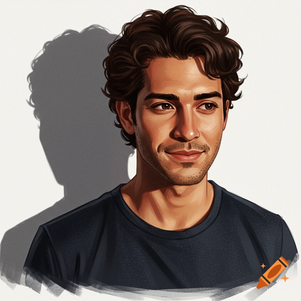 A man with curly brown hair looking to the side, casting a large shadow on a white background.