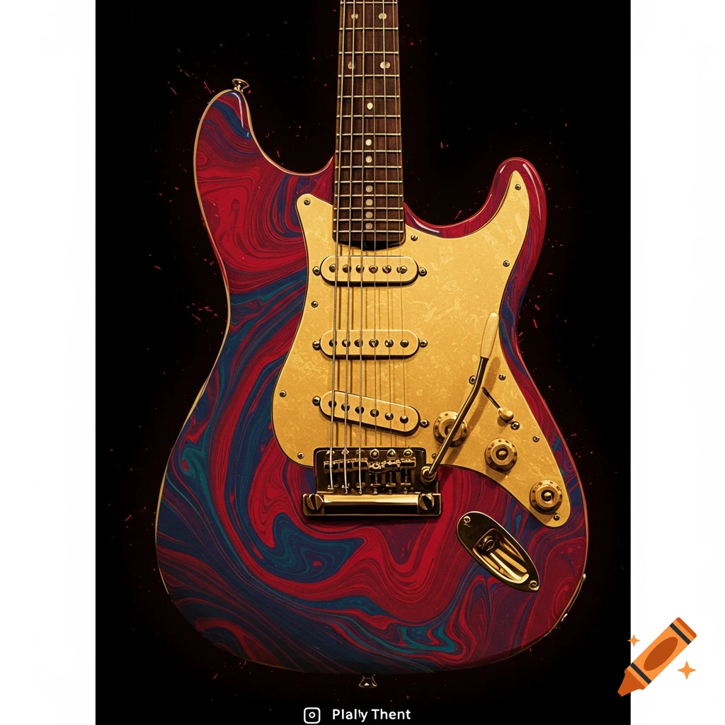 Close-up of an electric guitar with red and blue marbled paint and gold hardware on a dark background with paint splatters.