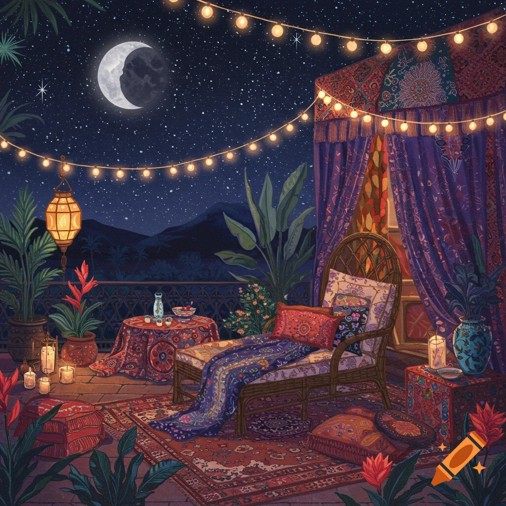 A bohemian patio at night with string lights, plants, and furniture under a starry sky and crescent moon.