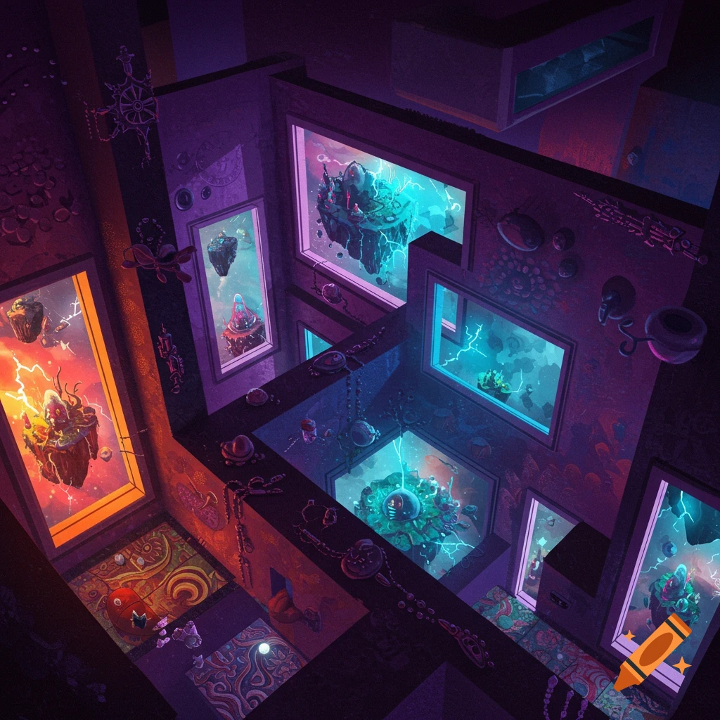 Surreal image of hallways with windows viewing floating islands and electric effects.