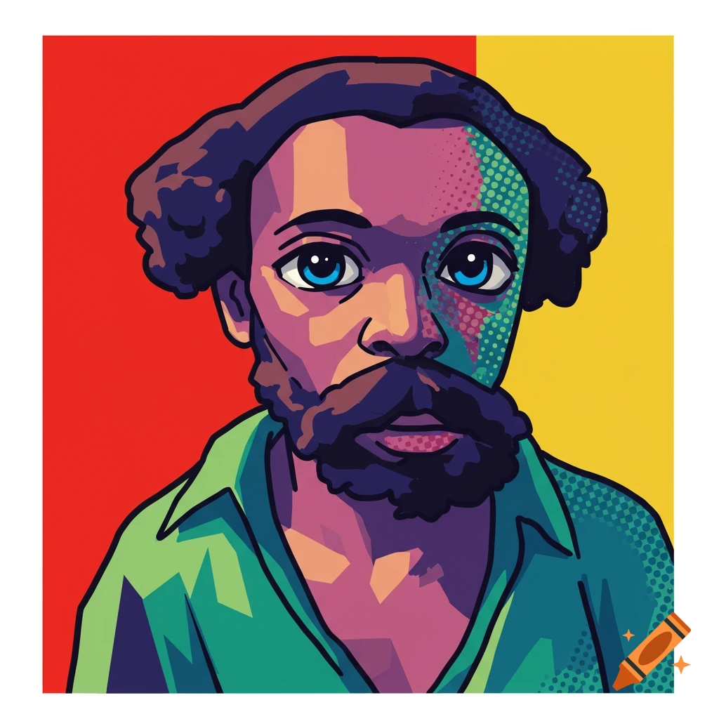 Pop art portrait of a man with a beard and blue eyes against a red and yellow background.