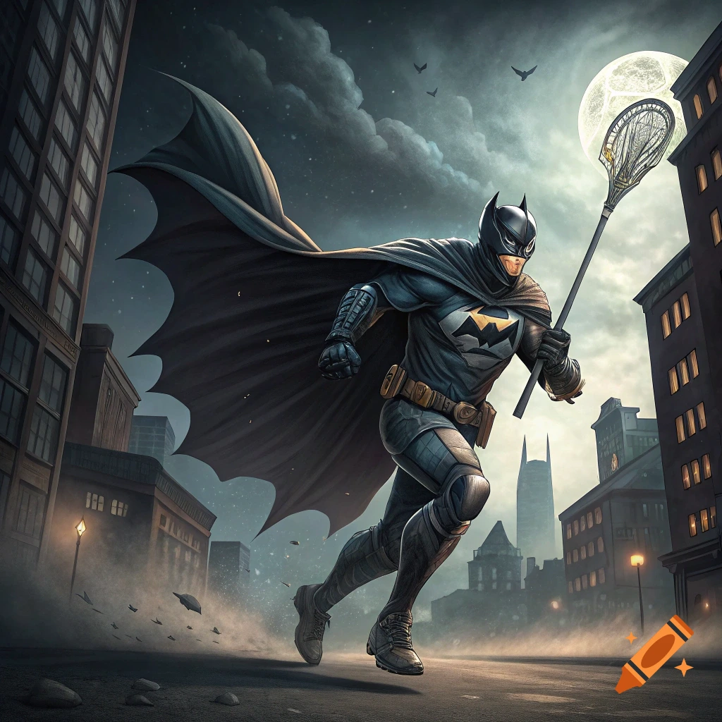 Batman running through a city street at night, holding a lacrosse stick.