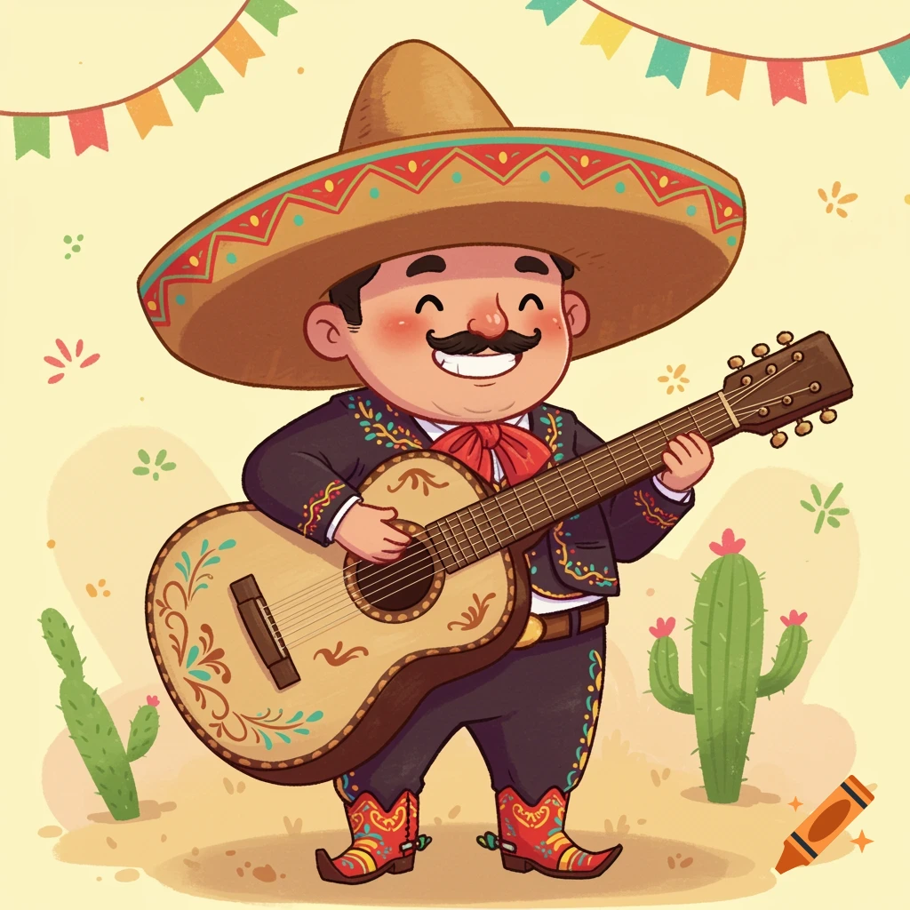 A whimsical cartoon of a Mexican mariachi playing a guitar in a desert-like setting with festive banners.
