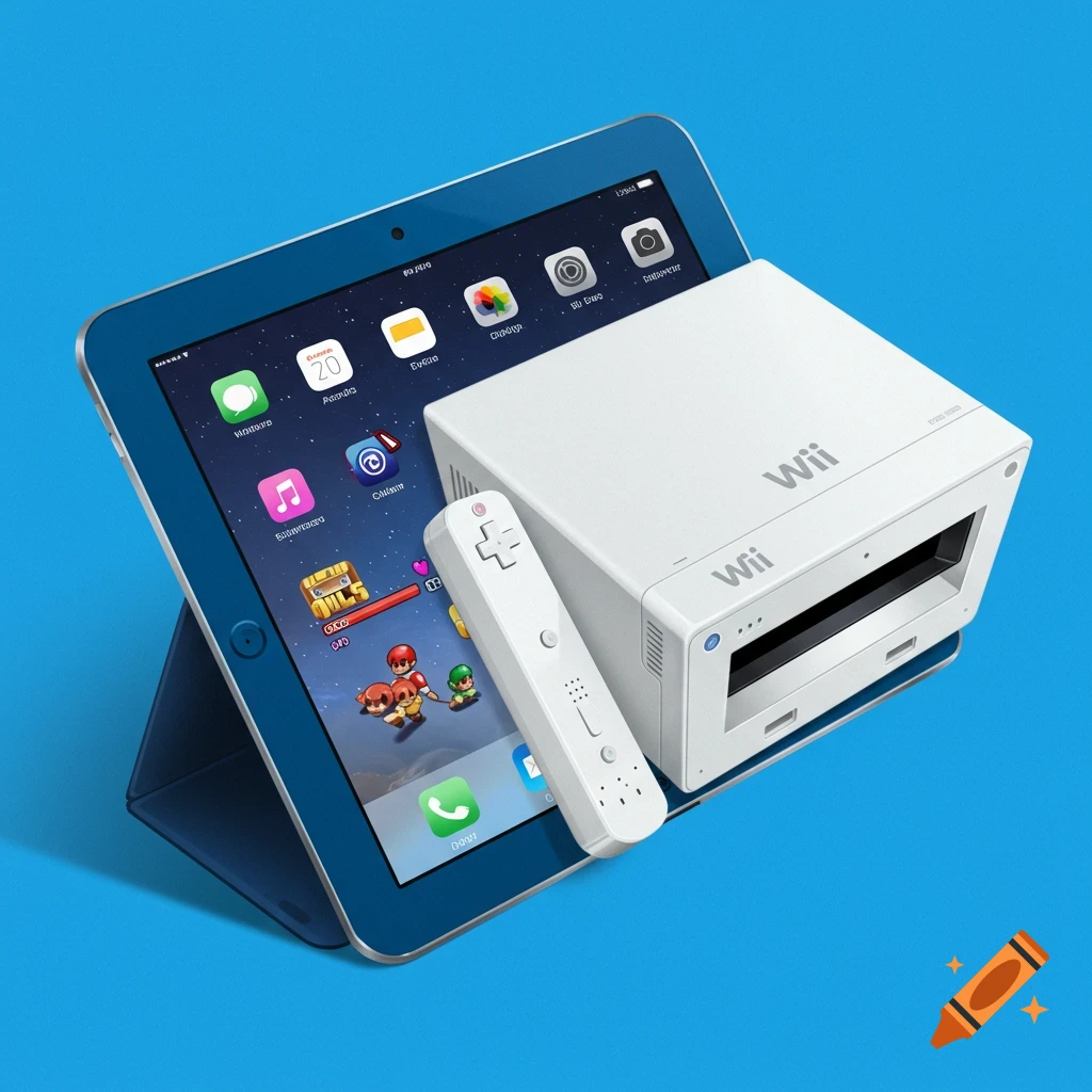 A white Nintendo Wii console and controller next to a blue Apple iPad on a blue background.