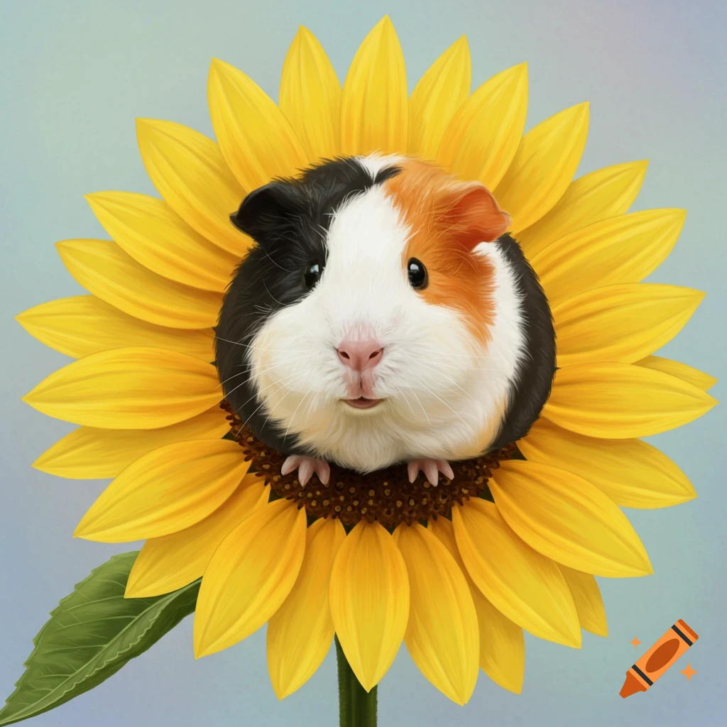 A calico guinea pig rests on a large sunflower.