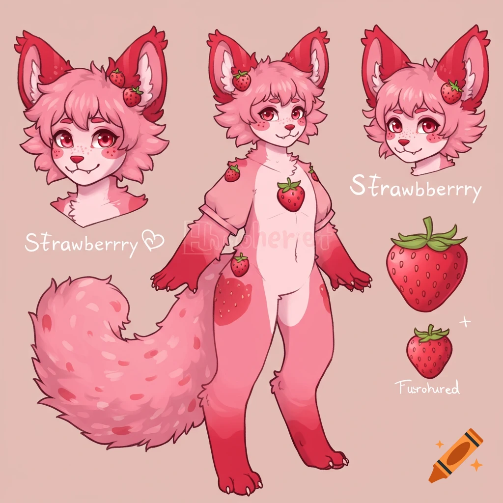 Reference sheet of a pink strawberry furry character with headshots, full body, and strawberry illustrations.
