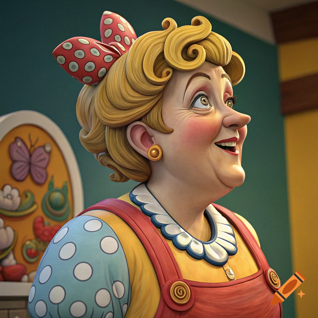 Cartoon sculpture of a smiling woman with blonde hair, a red polka dot bow, and overalls.