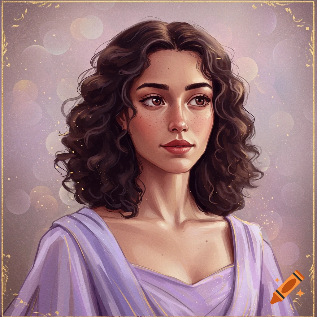 A young woman with curly brown hair in a purple dress, against a sparkling bokeh background.