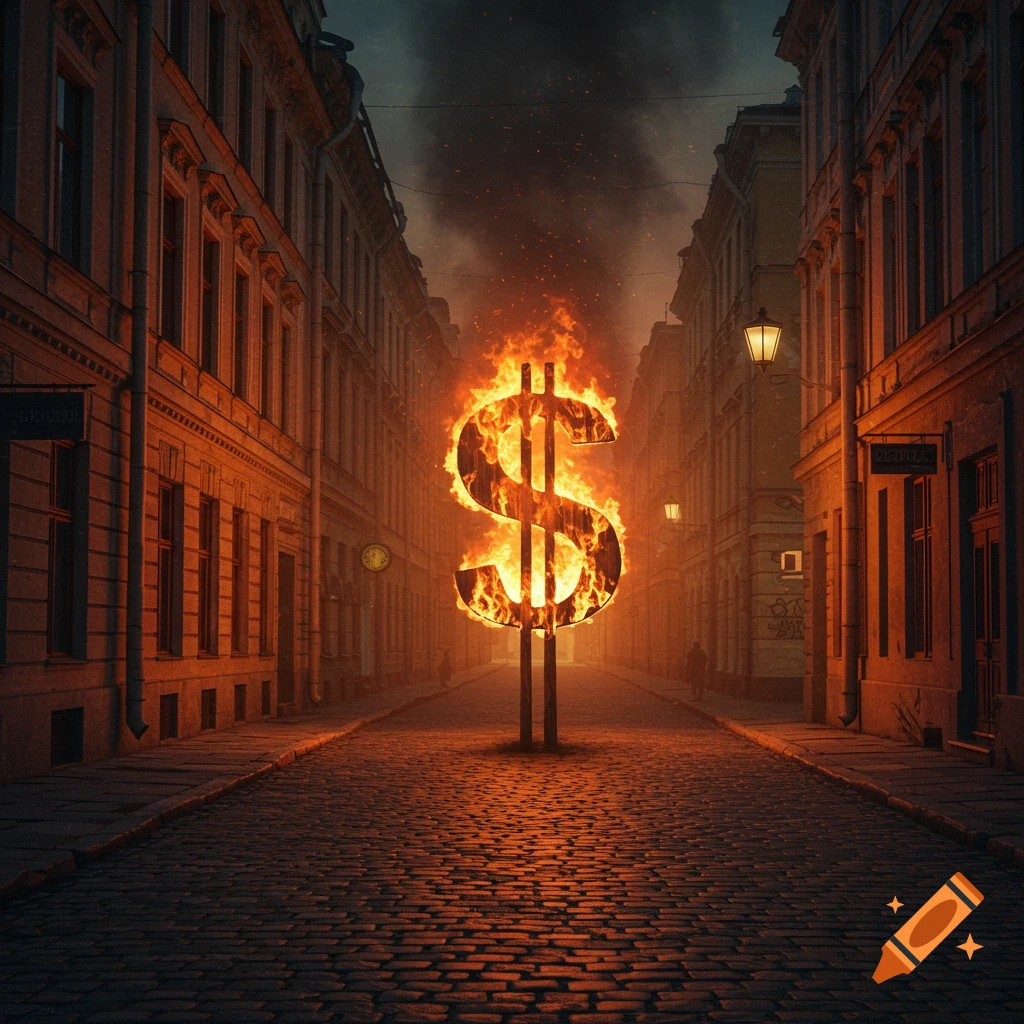 A large burning dollar sign stands in the center of a narrow cobblestone street between buildings at night.