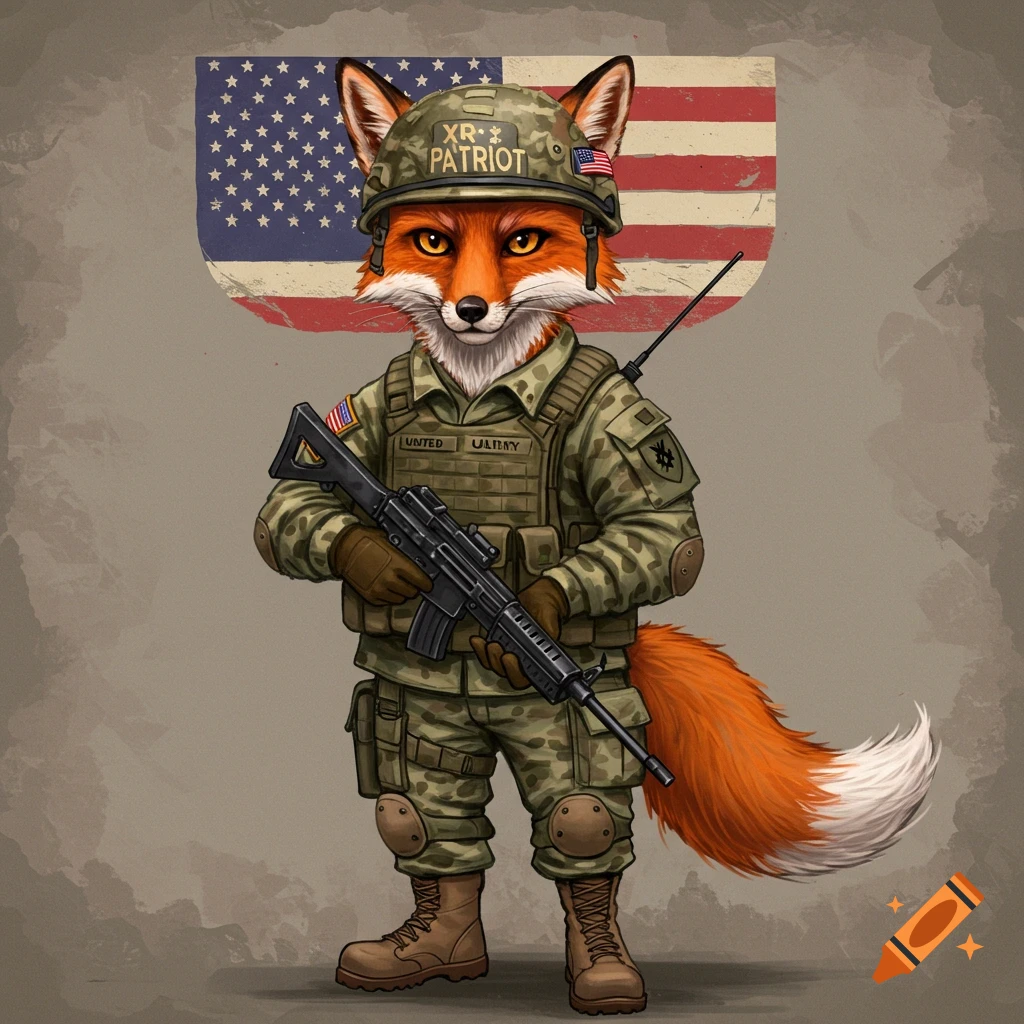 An anthropomorphic fox in a US military uniform holding a rifle, standing in front of an American flag.