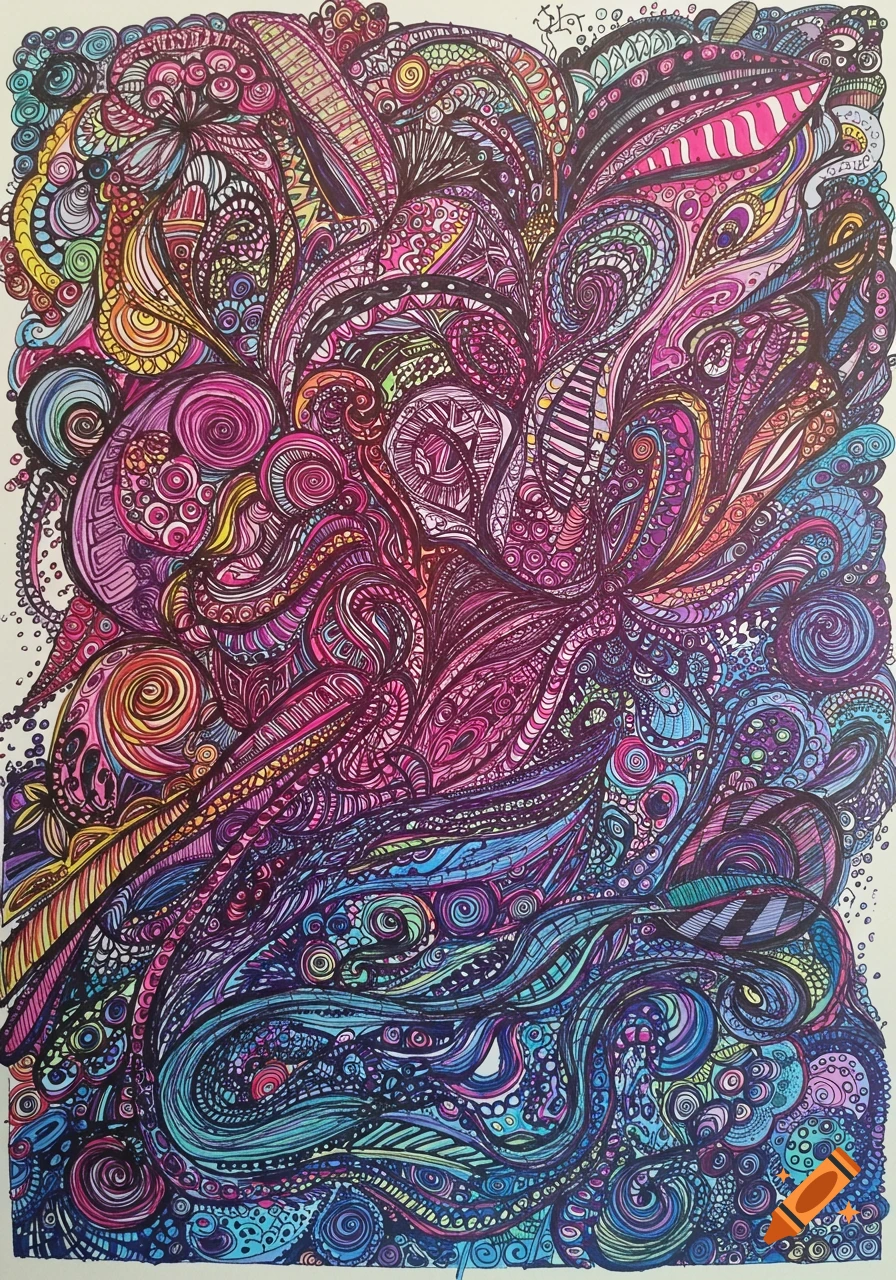 A colorful abstract drawing with intricate swirling patterns in pink, purple, blue, and yellow.