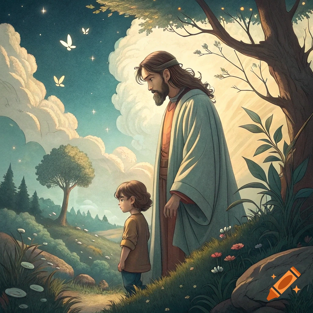 Ghibli style illustration of Jesus and a child in a vibrant, serene landscape