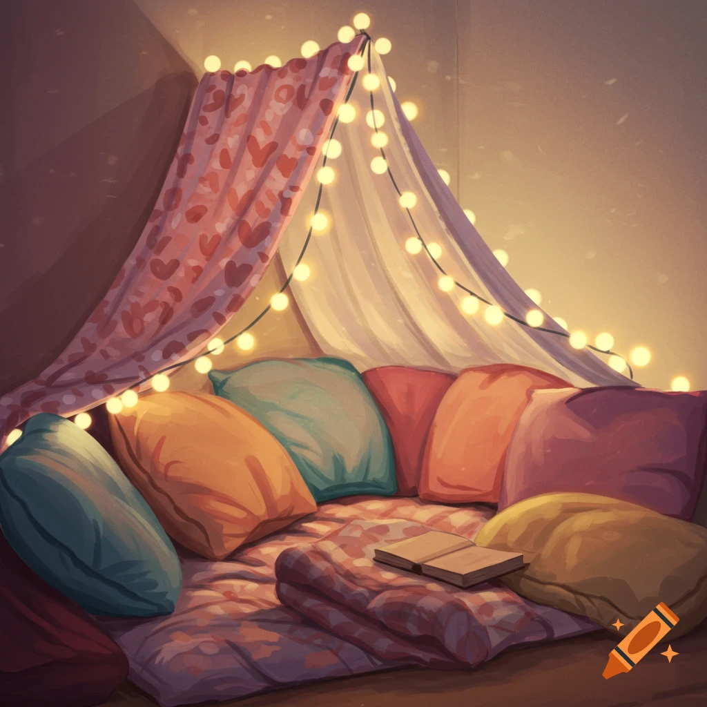 A cozy pillow fort with string lights, colorful pillows, a blanket, and a book.