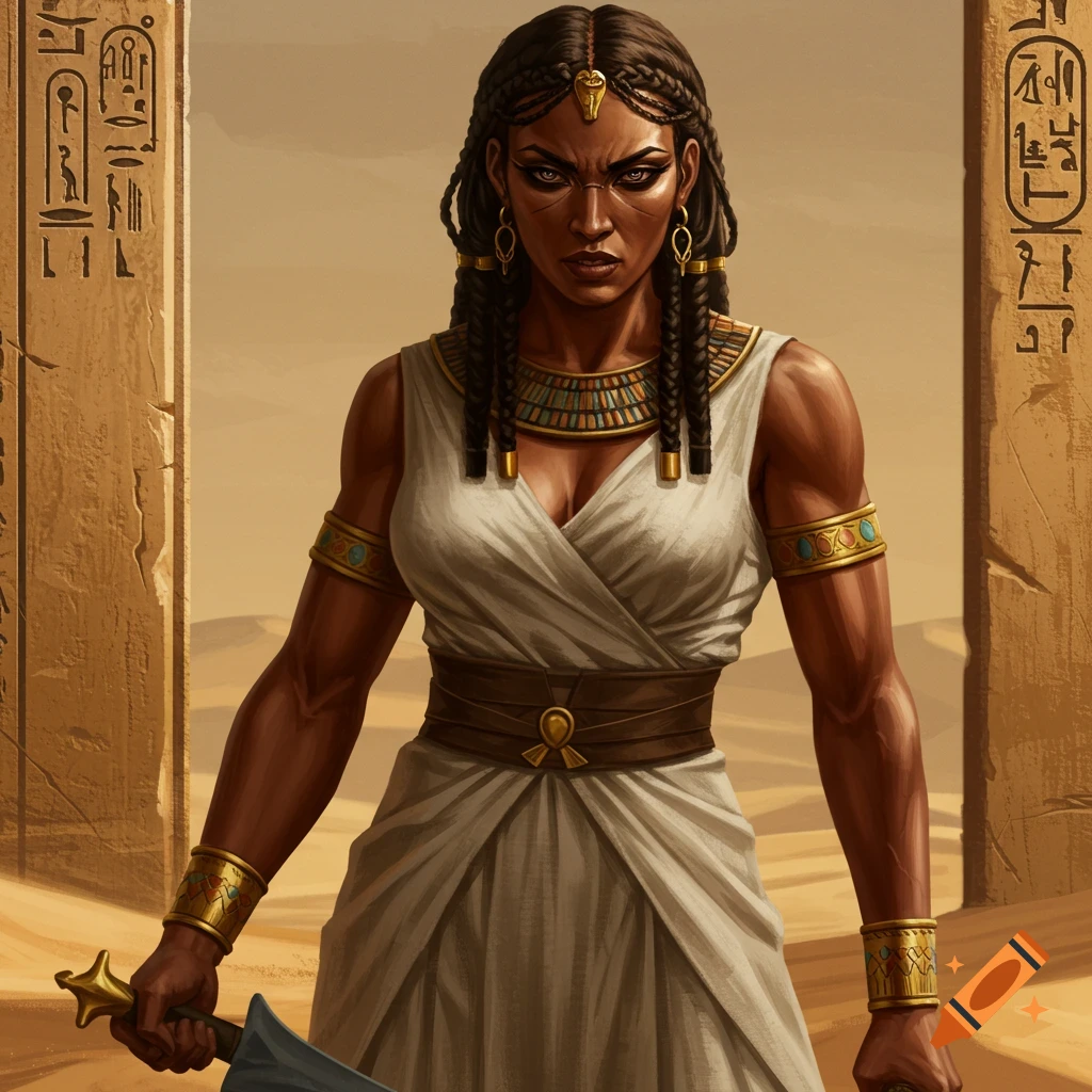 A tough Ancient Egyptian woman holds a sword, standing between pillars in the desert.