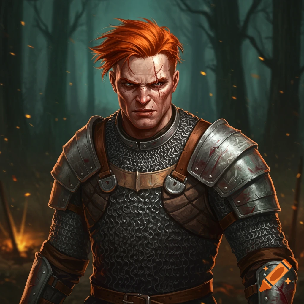 A red-headed man with a scarred face wears chain mail armor in a dark forest.