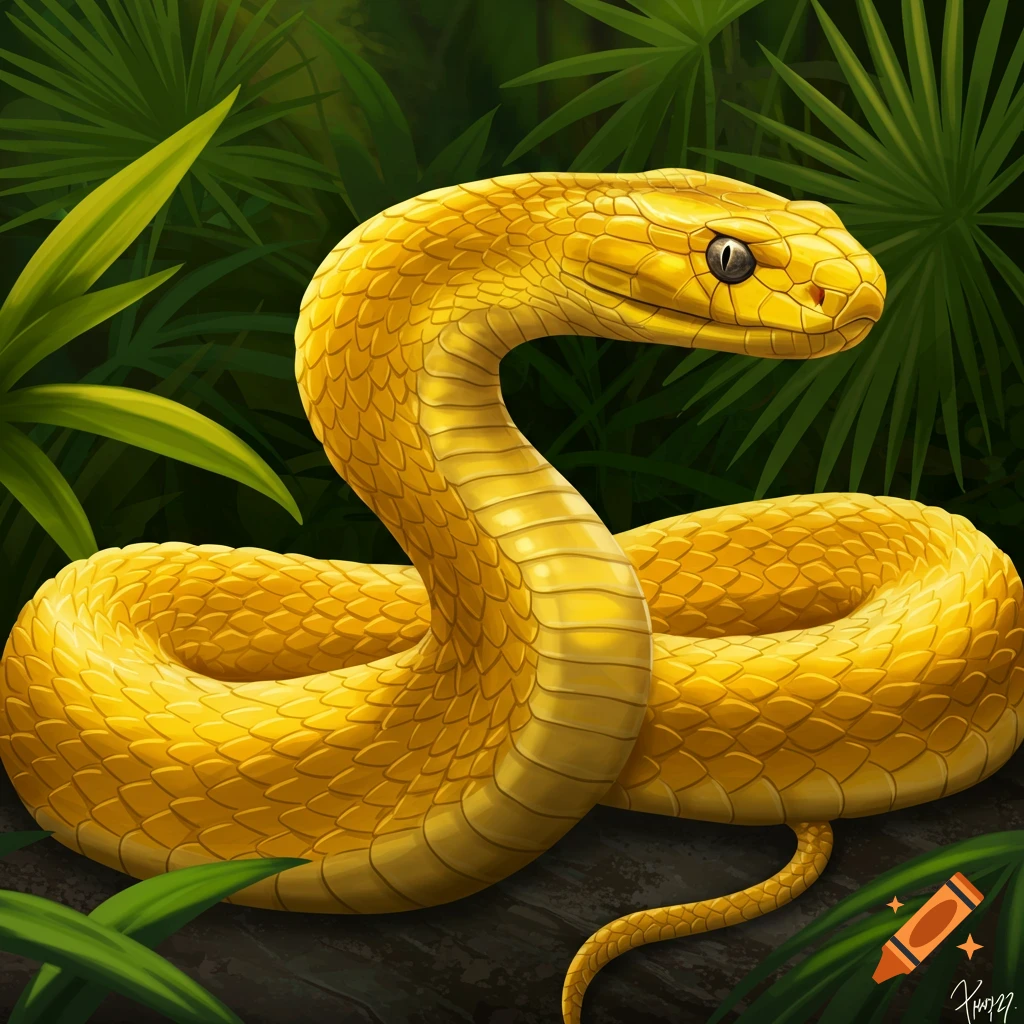 A vibrant yellow snake is coiled on a branch in a jungle setting.