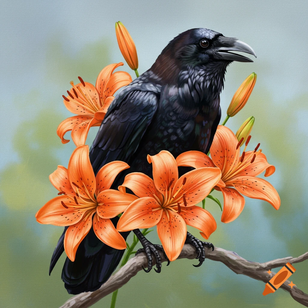 A black raven perched on a branch surrounded by bright orange tiger lilies.