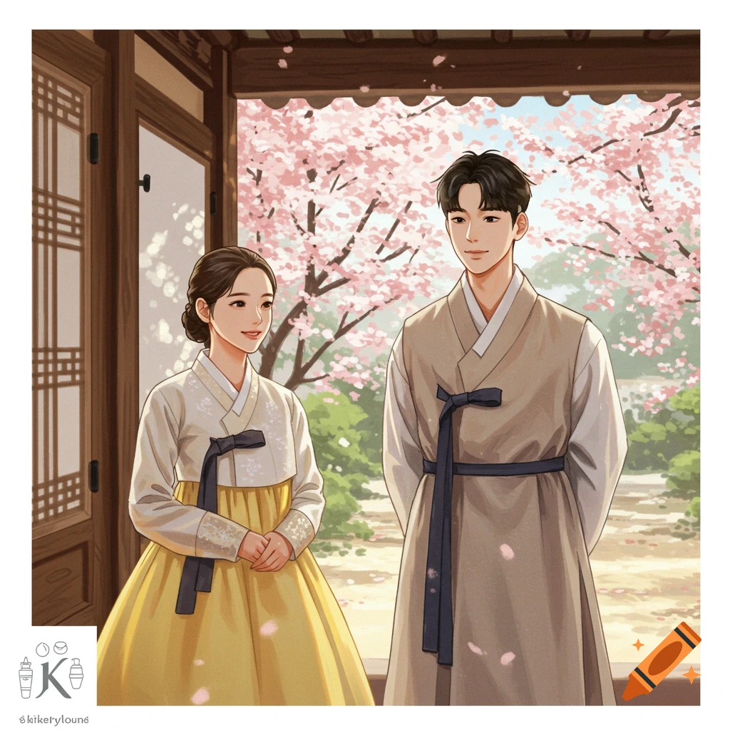 A Korean couple in traditional hanbok in a hanok with cherry blossoms.