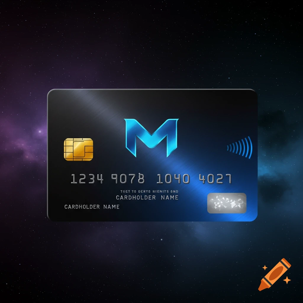 A futuristic credit card with a blue logo, metallic texture, and glowing elements, set against a backdrop of stars and nebulas.