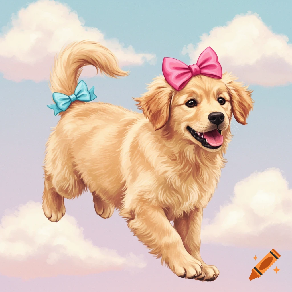 A golden retriever puppy with a pink bow on its head and a blue bow on its tail is flying through clouds.