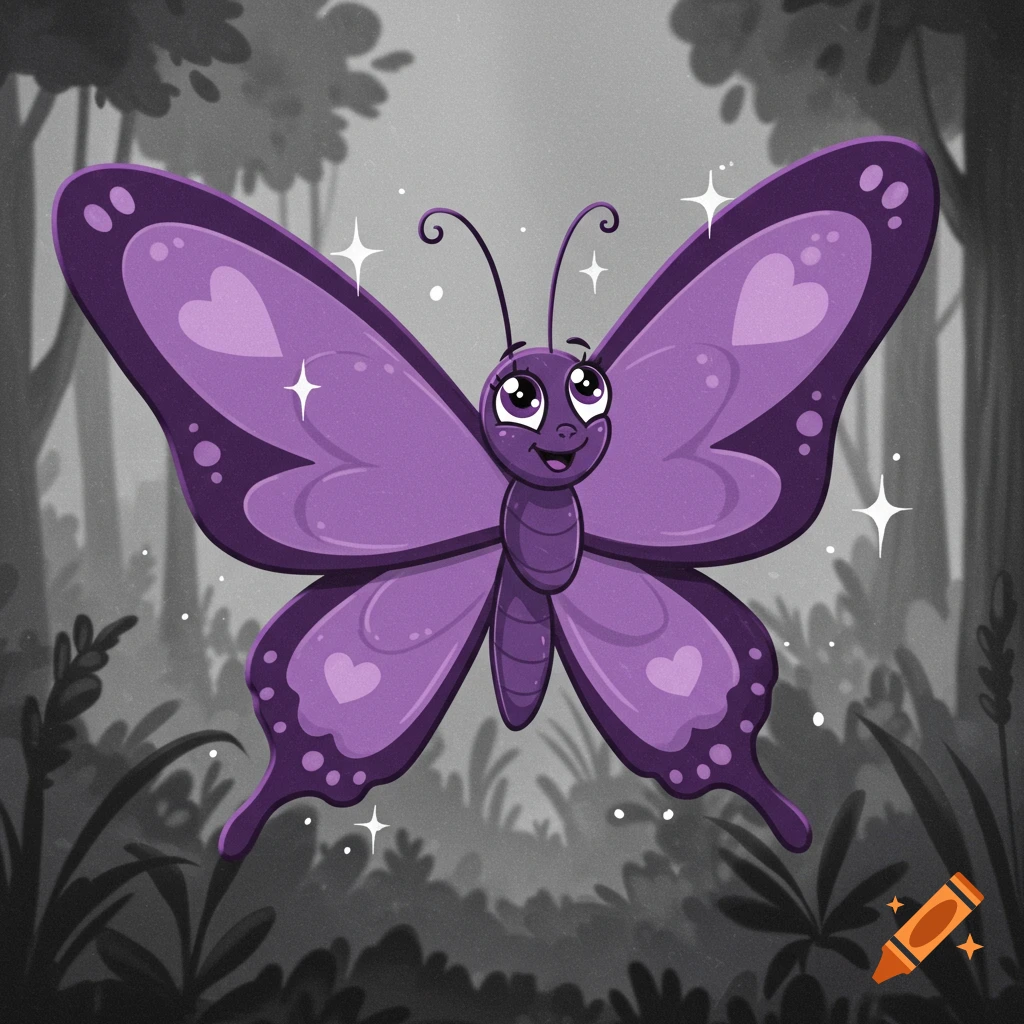 A cartoon purple butterfly with heart patterns on wings floats in a grey forest.