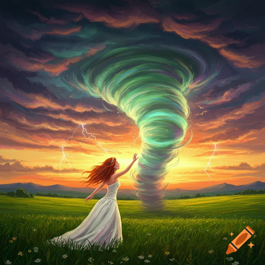 A woman in a white dress reaches towards a large green tornado in a stormy field at sunset with lightning.