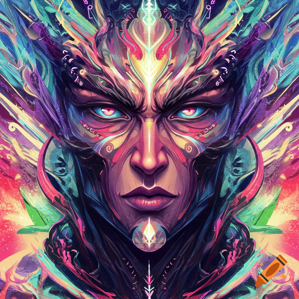 Vibrant, colorful, stylized digital portrait of a face with intricate details.