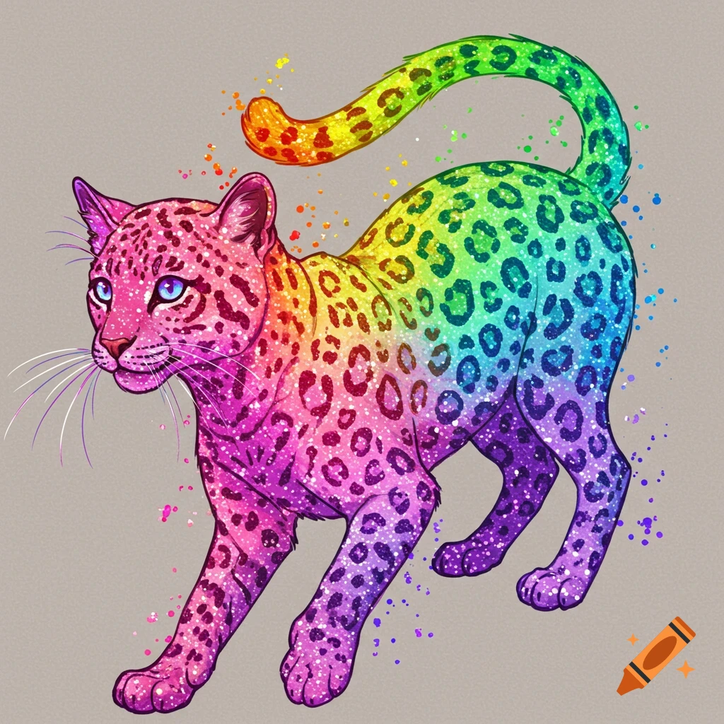A glittery rainbow leopard-spotted cat
