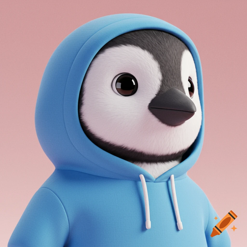 A cartoon penguin in a blue hoodie looks to the right.