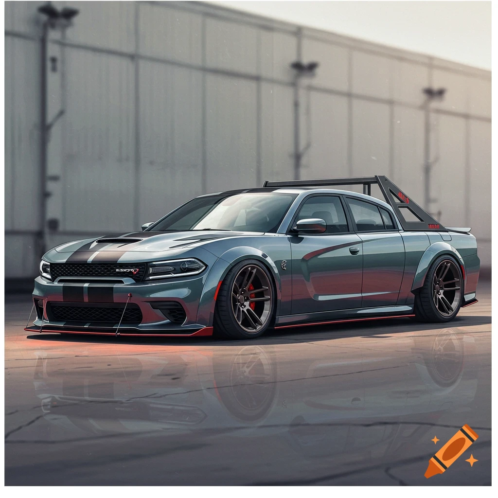 A custom grey Dodge Charger pickup truck with black stripes and red accents.