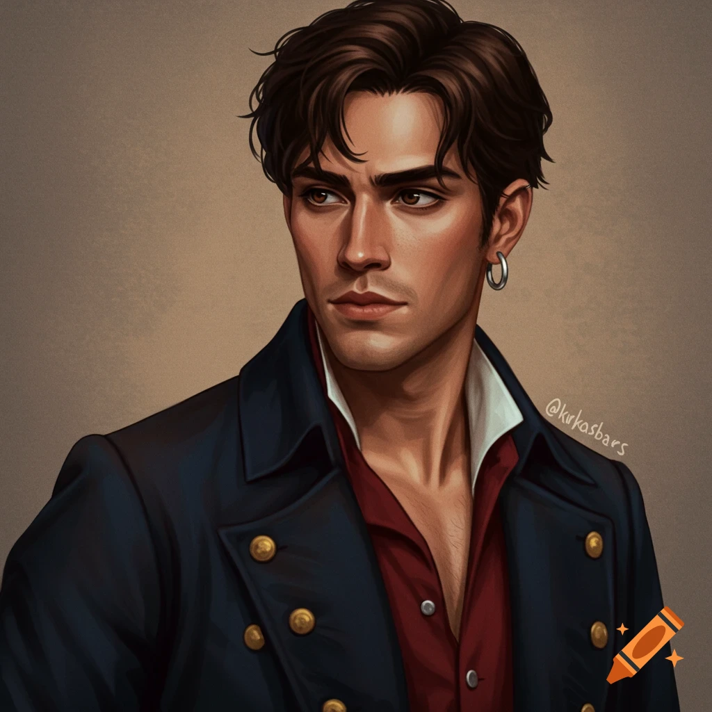 A handsome young man in historical attire with a silver hoop earring.