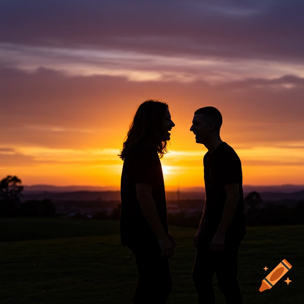 Silhouettes of two people laughing at sunset in a field.