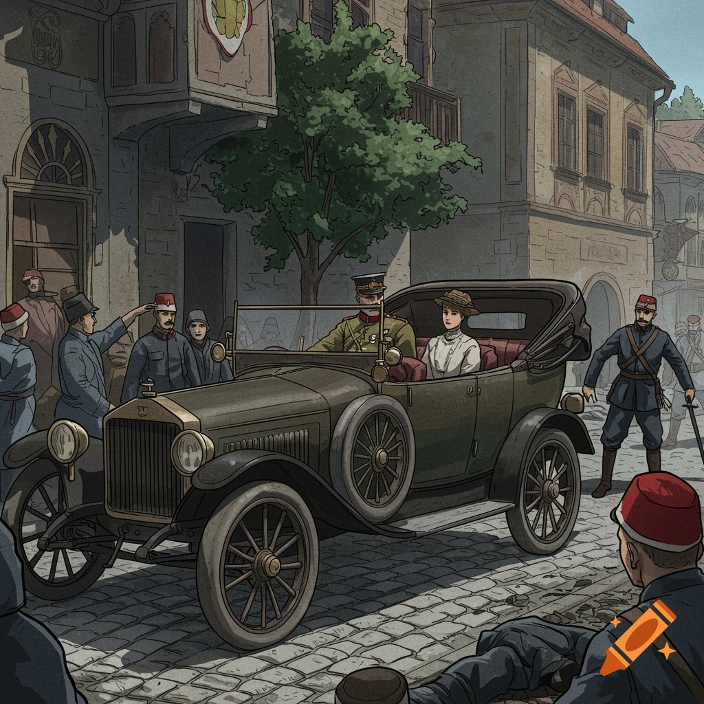 Illustration of Archduke Franz Ferdinand and Sophie in a car on a Sarajevo street with people around, depicting the assassination.