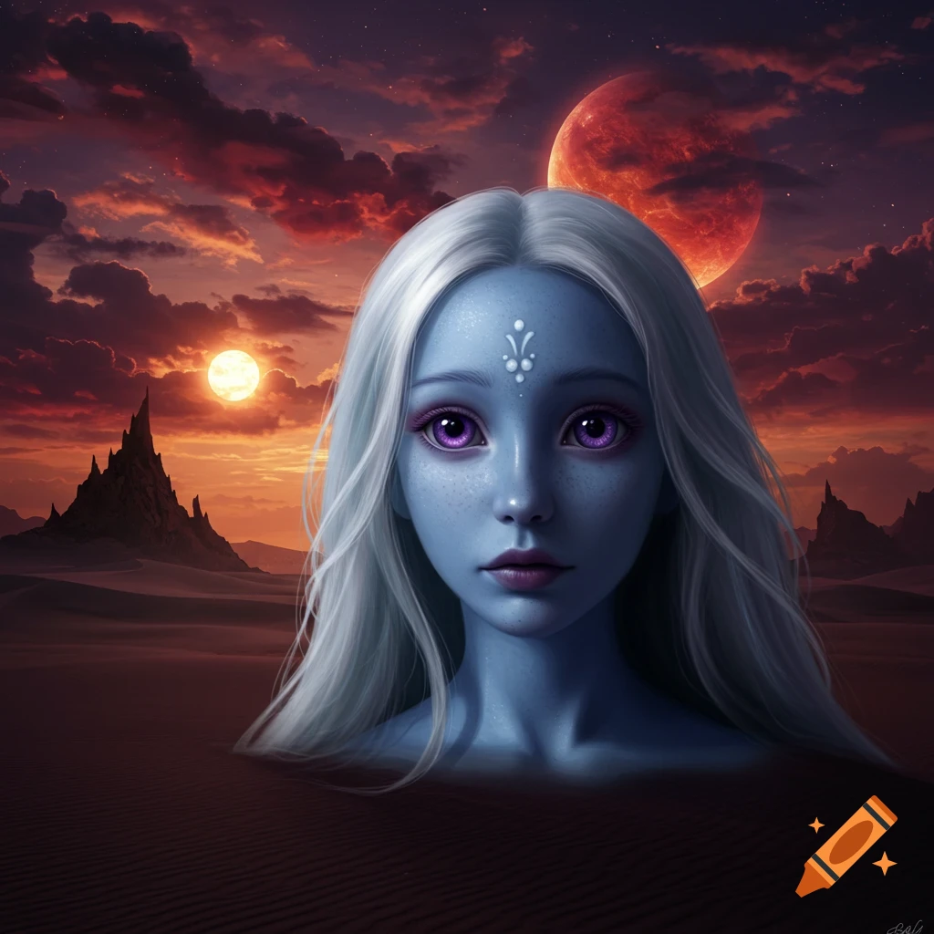 A blue-skinned humanoid is shown in a portrait, standing in a desert under red clouds and multiple moons.